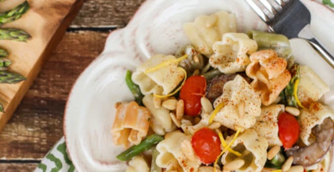 Boursin Pasta with Oven Roasted Veggies | Simple recipe with sweet roasted veggies and a creamy sauce of Garlic and Herb Boursin Cheese...will become a favorite! Delicious side with grilled meats! | WorldofPastabilities.com