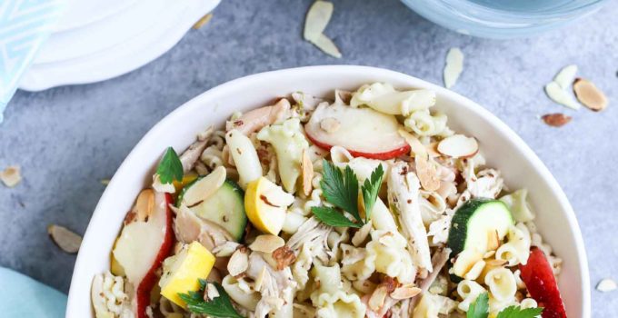 Summertime Chicken Pasta Salad with Nectarines & Squash | Tangy Lime Vinaigrette ties together a delicious unexpected surprise! Perfect as a main course and perfect for summer! Simple and delish! | WorldofPastabilities.com