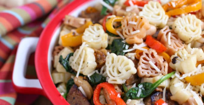 Veggie Sausage and Sweet Peppers with Turkey Pasta - a Thanksgiving Alternative! | Vegan Sausage, onions, colorful sweet peppers, fresh spinach and cannellini beans combine to make a delicious and hearty dish! | Add something new to your menu! | WorldofPastabilities.com