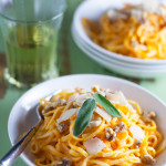 Butternut Squash Pasta Sauce | Served over Gluten Free Tagliolini and topped with Parmesan, toasted walnuts, and fresh sage! |WorldofPastabilities.com