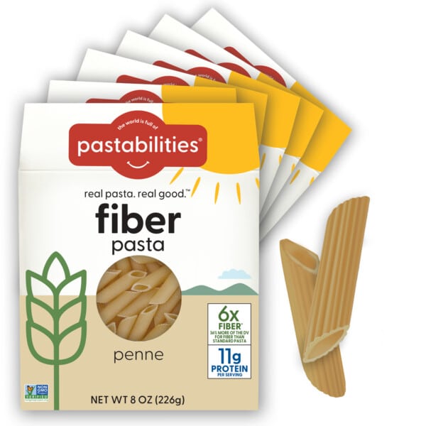 6 pack of Fiber Penne Pasta with pasta shapes