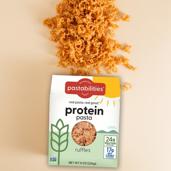 Protein Pasta coming out of box to show shapes