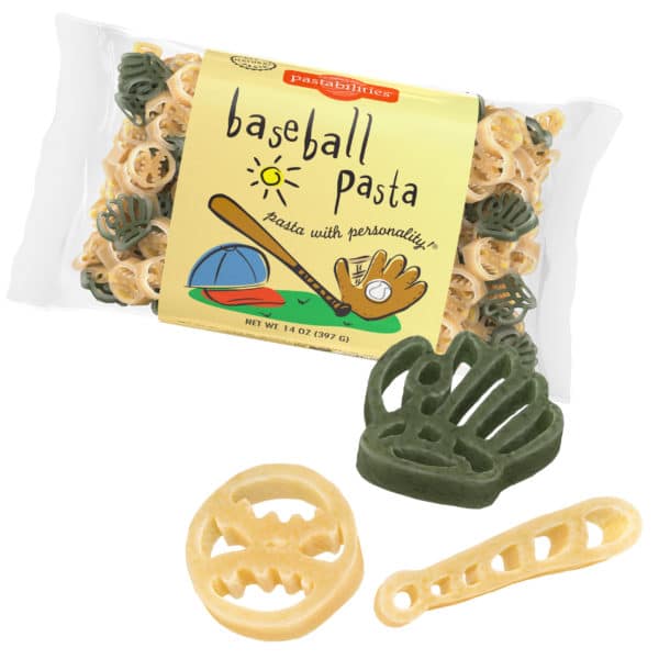 Baseball Pasta Bag with pasta pieces