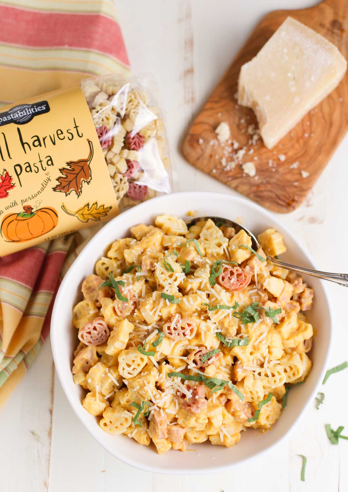 Butternut Squash Alfredo | Overhead shot with bowl and bag of Fall Harvest Pasta