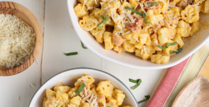Butternut Squash Alfredo | Two bowls overhead shot with Parmesan cheese