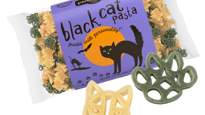 Black Cat Pasta Bag with pasta pieces