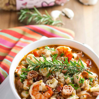 Cioppino with Heart Pasta | WorldofPastabilities.com | Fabulous fish stew with tons of flavor and texture! Delish to serve to your Valentine, also an easy make ahead dish for your guests on any night! Healthy and a WOW!