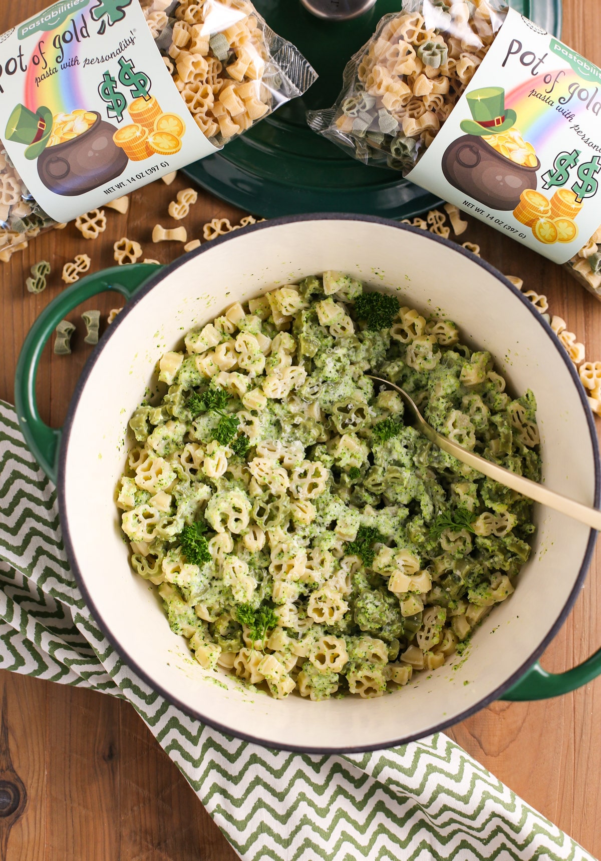Creamy Broccoli Pasta in a large pot with bags around it