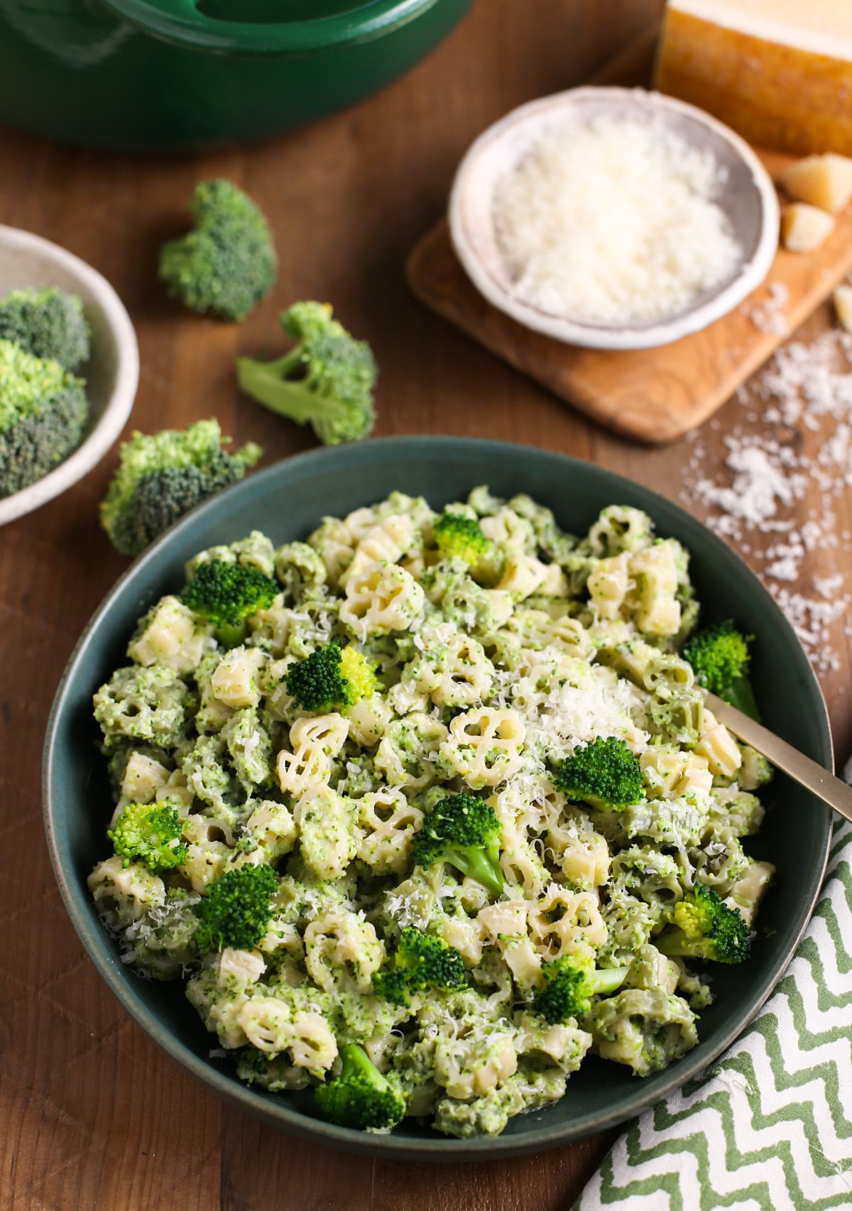 Close up of bowl of creamy broccoli pasta