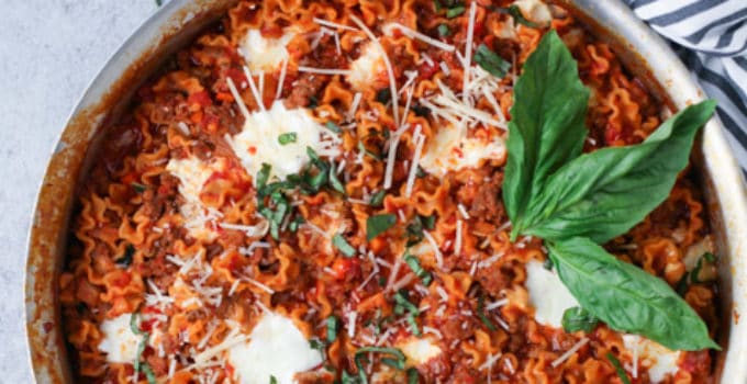 Deconstructed Lasagna in a largeskillet overhead shot