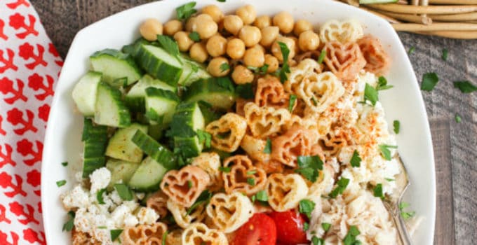 Greek Pasta Bowl tight shot with diced cucumbers
