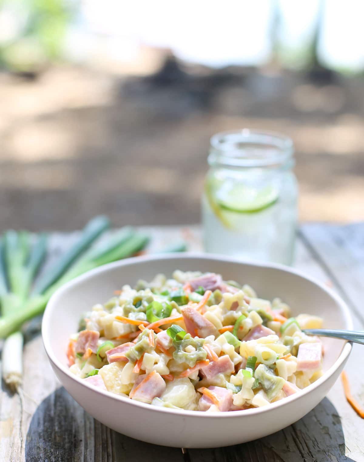 Hawaiian Pasta Salad | WorldofPastabilities | Sweet summer pasta salad combines pineapple, ham, carrots, and green onions with a deliciously fresh dressing! Perfect for a grill night or served with a summer picnic!