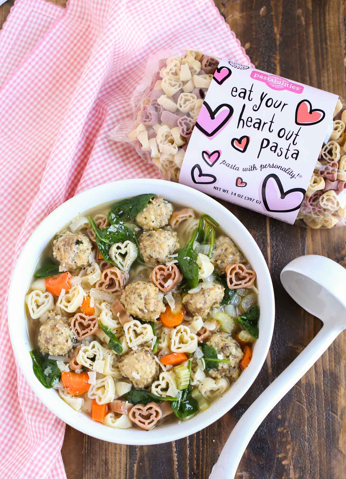 Italian Wedding Soup with Heart Pasta