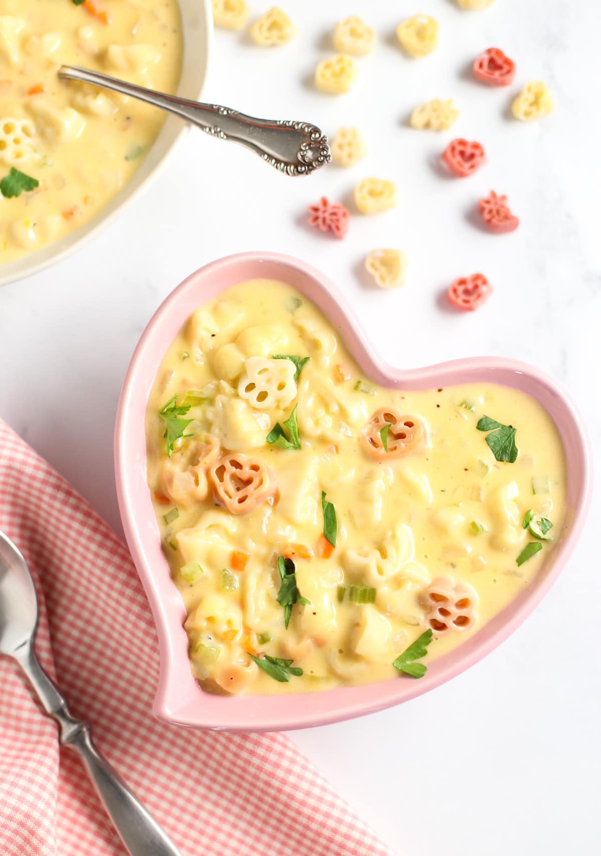 Close up Heart Bowl with Mac and Cheese Soup