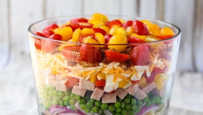 Nine Layer Pasta Salad | Nine layers of fresh textures and flavors combine to make a delicious pasta salad! A beautiful presentation that will wow your guests. Simple and Yum! | WorldofPastabilities.com