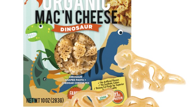 Organic Dinosaur Mac and Cheese with dino pasta shapes