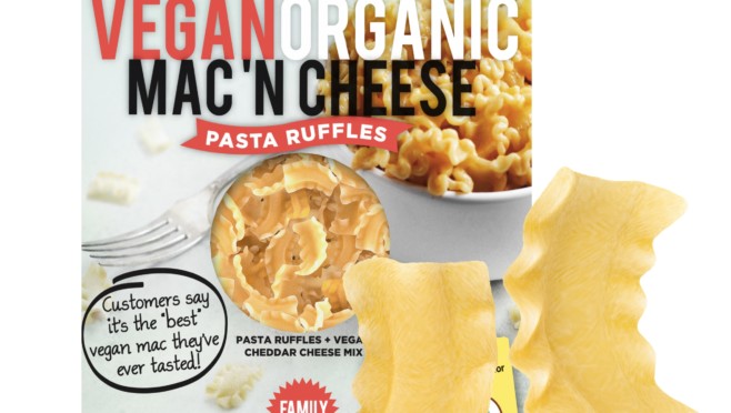 Organic Vegan Pasta Ruffles Mac and Cheese box with ruffle pasta piece
