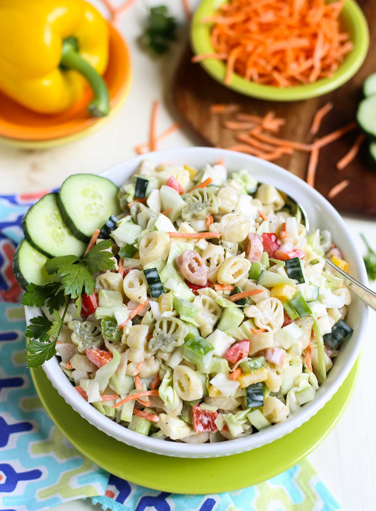 Pasta Slaw | BBQ's favorite side just got better! Pasta, cabbage, peppers, celery, etc plus a sweet and tangy sauce - it's a Wow! } WorldofPastabilities.com