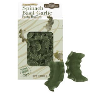 Spinach Basil Garlic Pasta Ruffles box and pasta pieces