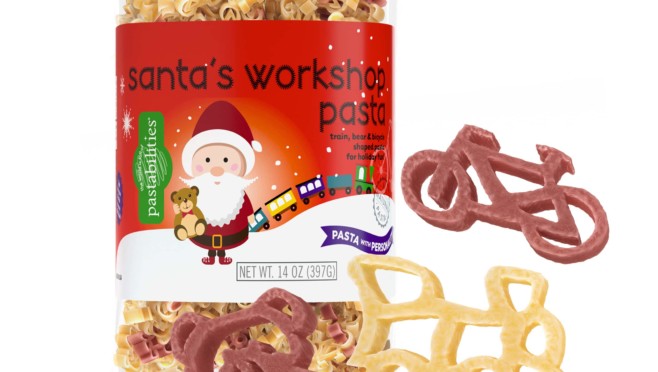 Santa's Workshop Pasta with pasta pieces of bikes teddy bears trains