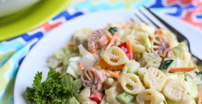 Pasta Slaw | BBQ's favorite side just got better! Pasta, cabbage, peppers, celery, etc plus a sweet and tangy sauce - it's a Wow! } WorldofPastabilities.com