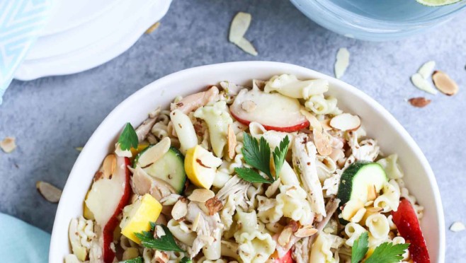 Summertime Chicken Pasta Salad with Nectarines & Squash | Tangy Lime Vinaigrette ties together a delicious unexpected surprise! Perfect as a main course and perfect for summer! Simple and delish! | WorldofPastabilities.com
