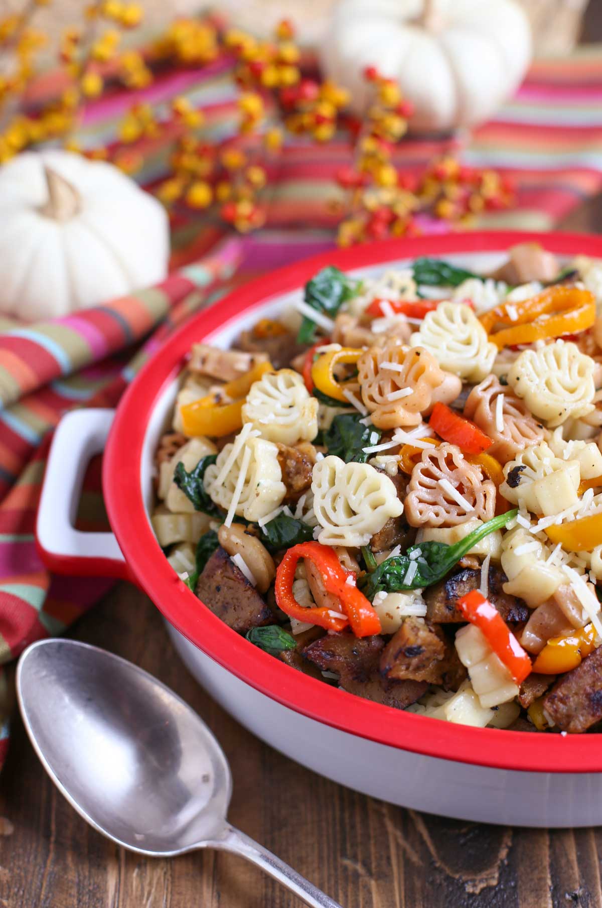 Veggie Sausage and Sweet Peppers with Turkey Pasta - a Thanksgiving Alternative! | Vegan Sausage, onions, colorful sweet peppers, fresh spinach and cannellini beans combine to make a delicious and hearty dish! | Add something new to your menu! | WorldofPastabilities.com