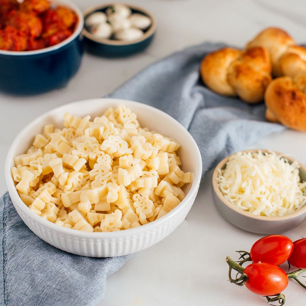 bowl of fun shape pastabilities pasta with italian ingredients