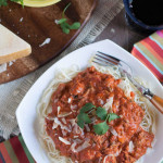 Creamy Taco Bolognese | WorldofPastabilities.com | Flavorful combo of traditional bolognese with fresh jalapenos, cilantro, taco seasoning, and sour cream...your taste buds and family will thank you!