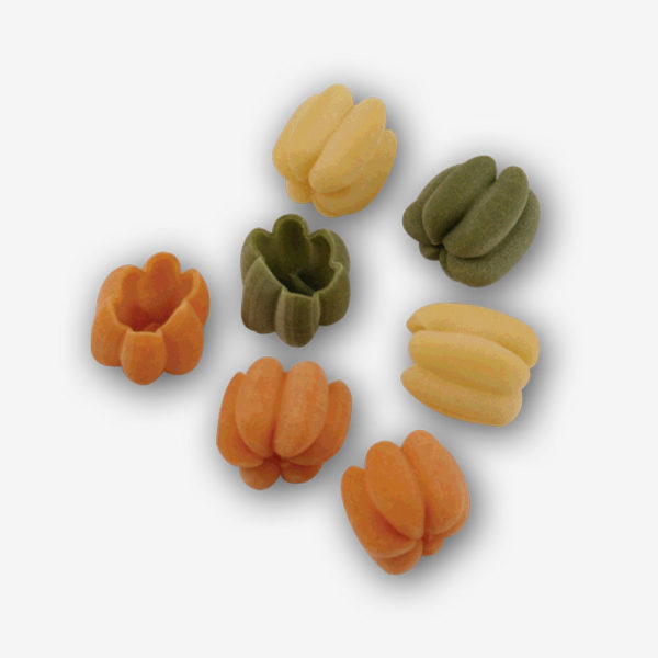 The beautiful twists and turns in our Petite Pumpkins (Zucchettes) Tri-Color Pasta shapes also help capture your favorite toppings! Buon Appetito! Shop NOW!