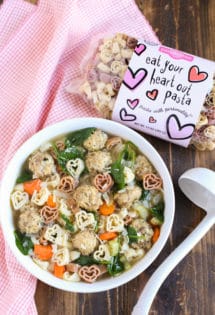 Italian Wedding Soup with Heart Pasta | Light & colorful made with Chicken Meatballs and Spinach | Delicious and fun with Heart Pasta | WorldofPastabilities.com