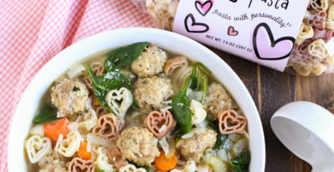 Italian Wedding Soup with Heart Pasta | Light & colorful made with Chicken Meatballs and Spinach | Delicious and fun with Heart Pasta | WorldofPastabilities.com