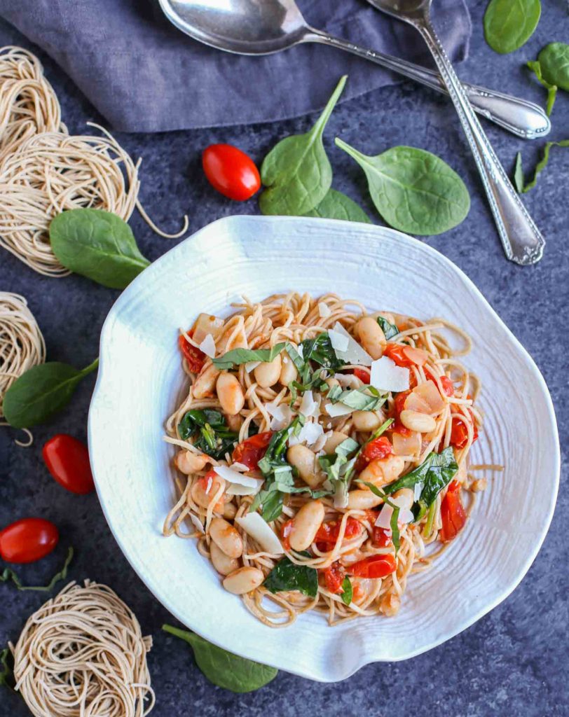 Roasted Tomatoes, White Beans, Spinach, & Whole Wheat Pasta