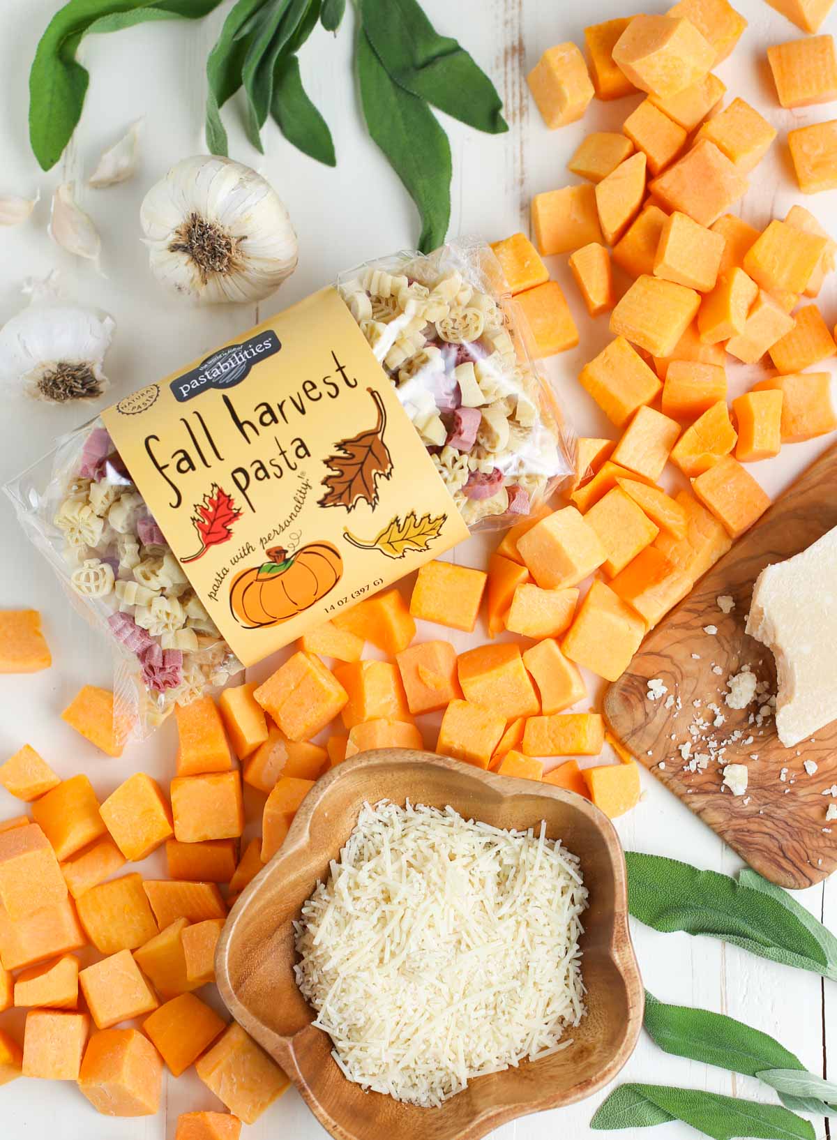 Butternut Squash Alfredo | Beautiful display of ingredients loose including a bag of Fall Harvest Pasta