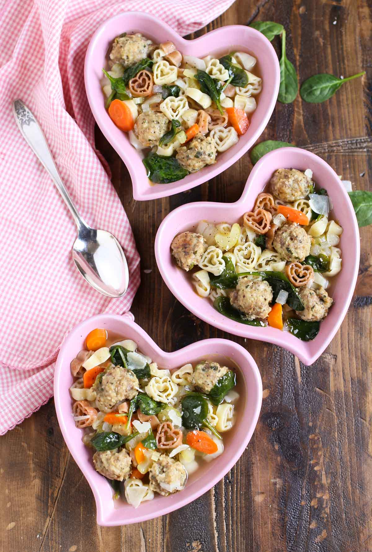 Italian Wedding Soup with Heart Pasta | Light & colorful made with Chicken Meatballs and Spinach | Delicious and fun with Heart Pasta | WorldofPastabilities.com