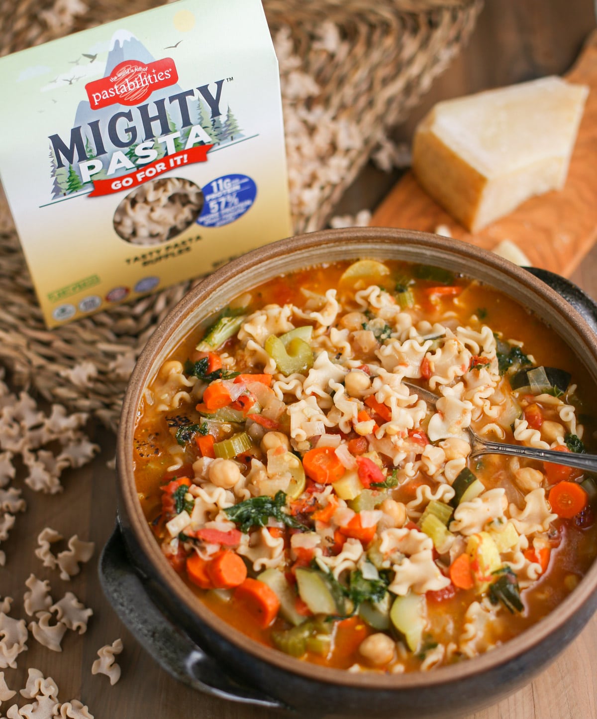 Mighty Minestrone Soup bowl with box of Mighty Pasta