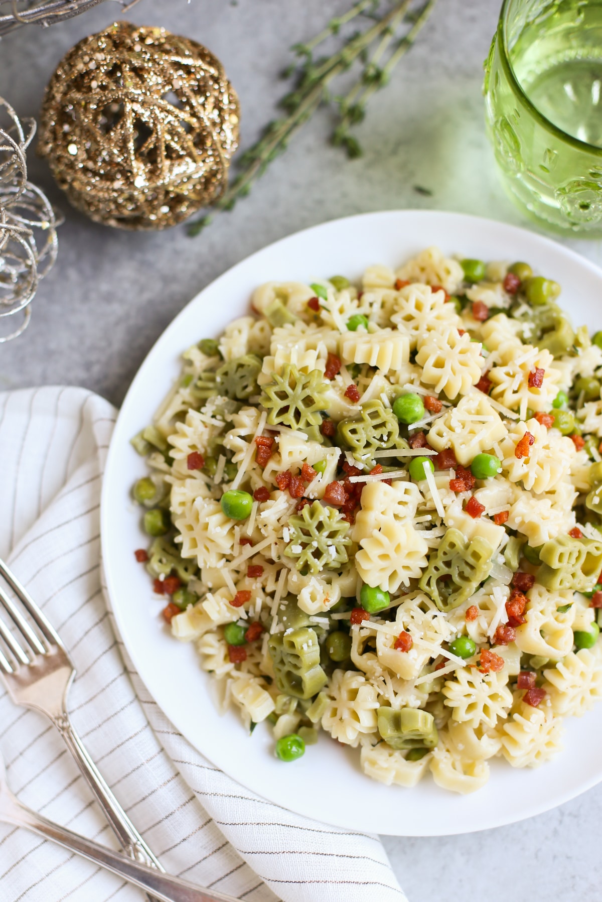 Snowman Pasta with Crispy Pancetta Peas and Parmesan | World of Pastabilities