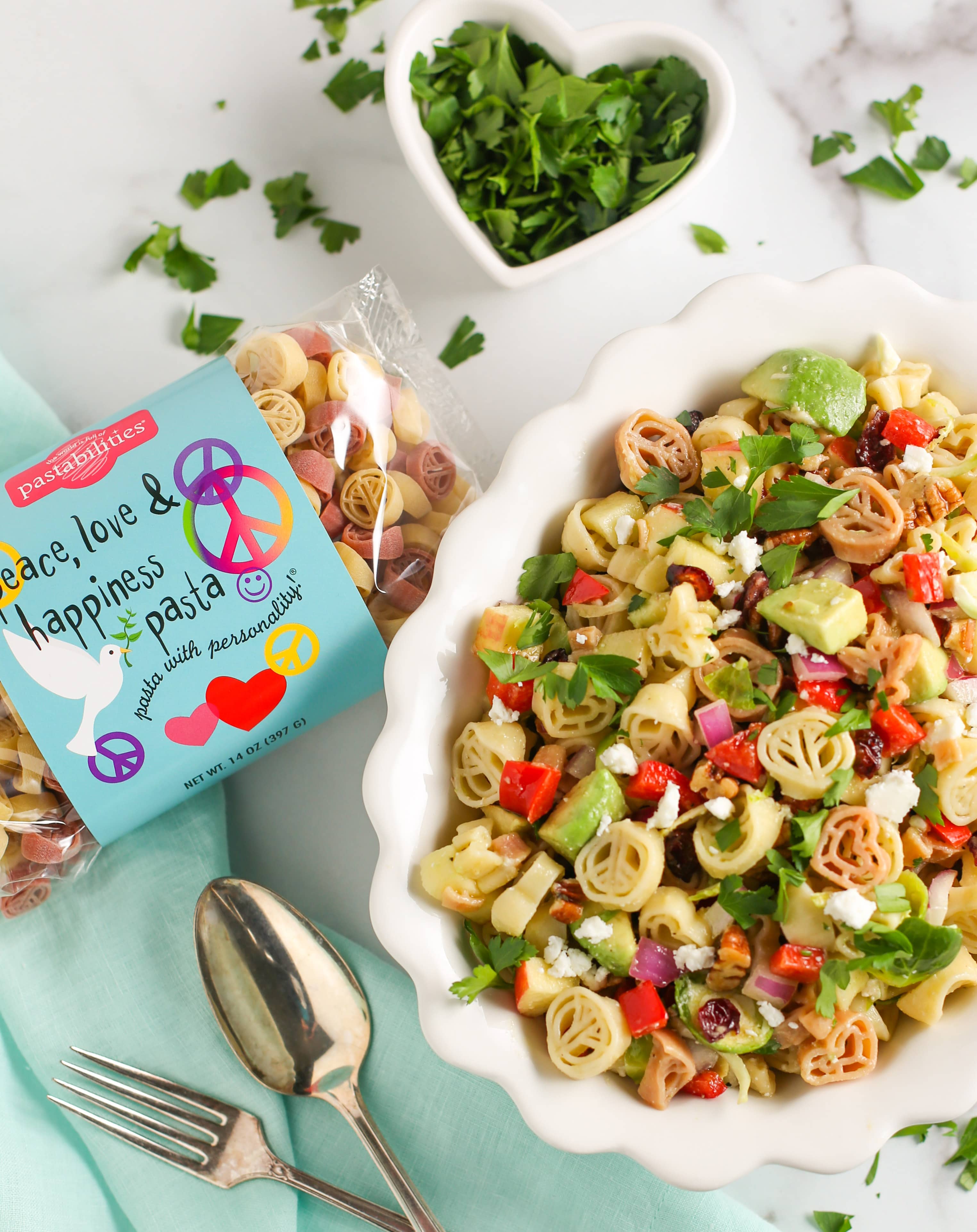 Overhead shot of Winter Pasta Salad showing Peace Love & Happiness Pasta Bag